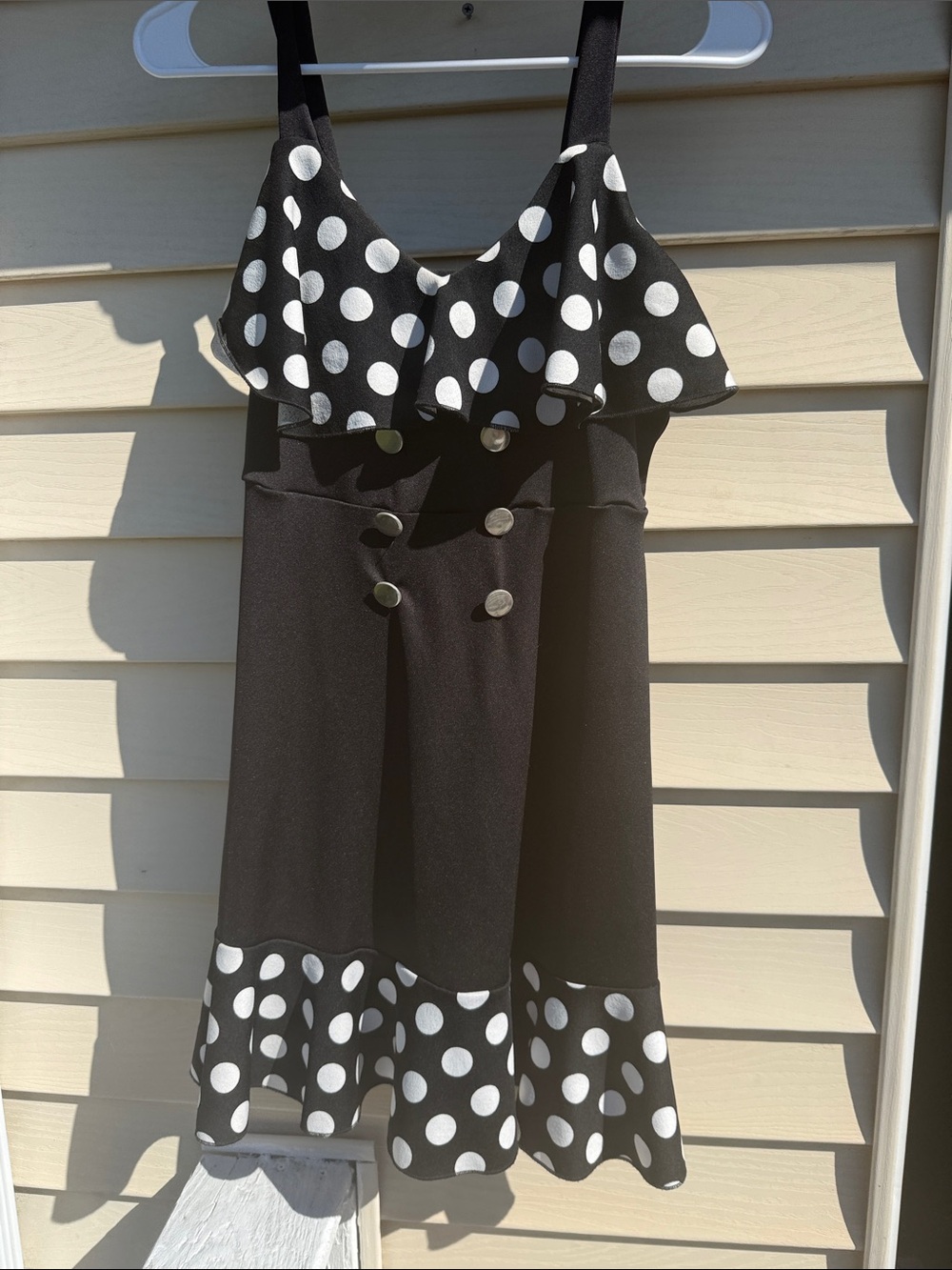 Women's Black Polka Dot Midi Dress with Ruffle Detail
